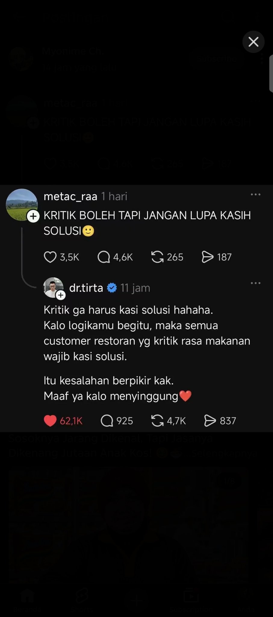 Tangkapan layar Threads — unggahan metac_raa "KRITIK BOLEH TAPI JANGAN LUPA KASIH SOLUSI" dibalas dr.tirta yang menyebutnya kesalahan berpikir, dengan analogi pelanggan restoran.